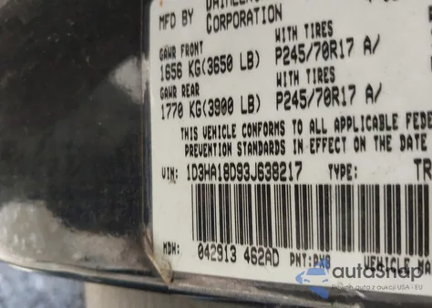 2003 Dodge Ram 1500 Slt/St z USA, uszkodzony, nr VIN 1D3HA18D93J638217
